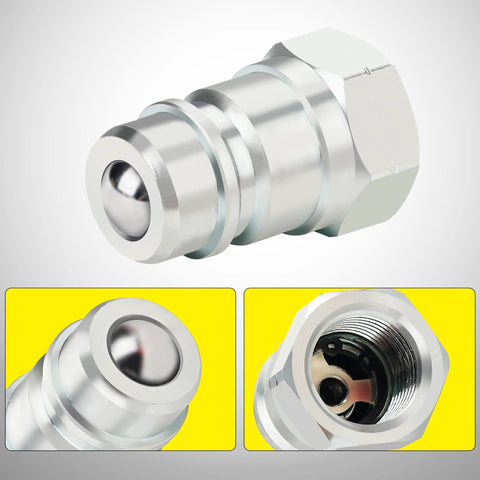 ANCIMOON 1/2 in ISO 5675 hydraulic quick-connect coupler front view, silver metal, domed plug

ANCIMOON 1/2 in ISO 5675 hydraulic quick-connect coupler side view, silver metal, hex nut base

ANCIMOON 1/2 in ISO 5675 quick-connect coupler close-up, front face with inner bore

ANCIMOON 1/2 in ISO 5675 hydraulic quick-connect coupler installed view, threaded interior