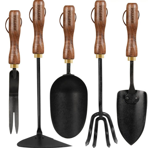 Five Piece Garden Tool Set With Stainless Steel Heads And Ergonomic Walnut Handles Grab And Go Cultivator Hoes Shovel Trowel And Weeder