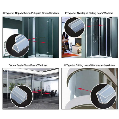 Display of F Type Glass Door Seal Strips for Three Eighths Inch Glass in various door and window applications, silicone material.