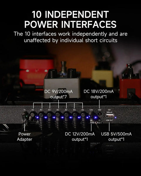 Close-up of Guitar Pedalboard With Built In Power Supply showing 10 independent power interfaces with labels.