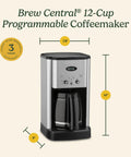 Brew Central 12-Cup Programmable Coffeemaker With Auto Shutoff displayed on beige background with size dimensions in inches.