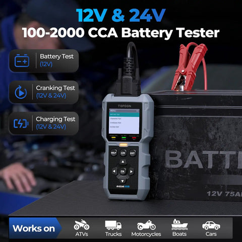 All In One OBD2 Scanner And Battery Tester For All OBDII Cars, Full Diagnostic Scan, 12V Battery Health Check on table with leads