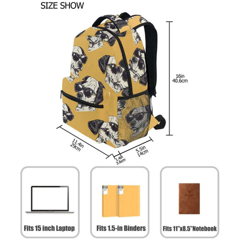 Cool Dog With Shades Backpack For School Book Bag And Travel Lightweight Waterproof Daypack With Separate Laptop Compartment Ideal For Boys And Girls Hiking Camping Work And Weekend Adventures; yellow dog pattern backpack with laptop section visible.