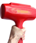 Hand holding a Red Beefy Polyurethane Coated Dead Blow Hammer With Textured Grip For No Bounce And Quiet Taps, 3 And A Quarter Inch Diameter Head