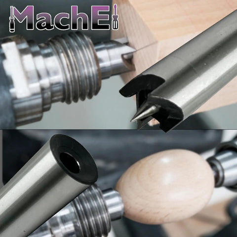 Pro-Grade 4-Piece 2MT Drive Center Set For Wood Turning Lathes, Shows Spur Centers Holding Wood on Lathe