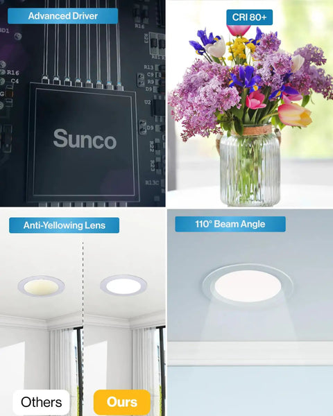 24 Pack 4 Inch LED Recessed Downlights With Junction Box demonstrating features like advanced driver and anti-yellowing lens.
