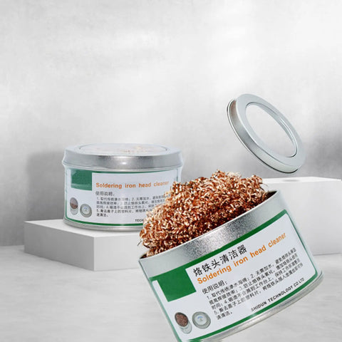 Soldering Iron Tip Cleaner Wire With Brass Sponge For Cleaning Soldering Iron Heads And Tips, metal container on display