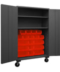 Hella Durable Rolling Storage Cabinet With 18 Red Hook On Bins And Two Adjustable Shelves Built Like A Tank For Smooth Garage Shop Tool Organization Gray Welded Steel, open view with red bins.