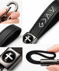Legit Faith Driven Christian Cross Leather Keychain For Men, heavy duty faux leather key ring with clasp and engraved cross.