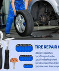 Top Shelf 33 Piece Tire Patch Kit With 30 Rubber Inserts In Three Sizes Plus Roller And Scraper For Quick Car Motorcycle And Bike Repairs That Make Fixing Flat Tires A Snap Hella Tough Gear For Every Road, tools and patches shown while repairing a tire.