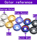 Color options for Ti-6Al-4V Titanium UFO Head Screws With Belleville Washers Set, including titanium, gold, blue purple, burnt blue, and black.