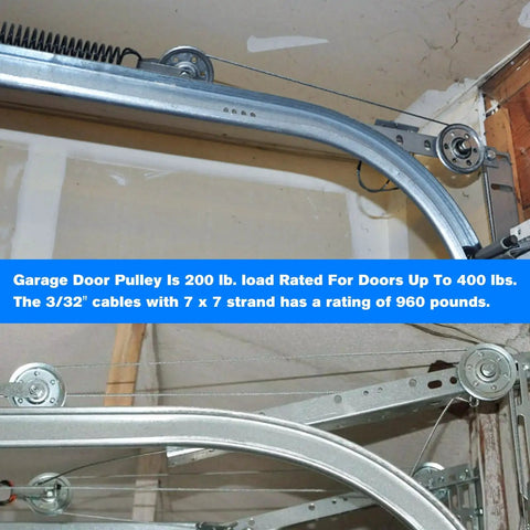 Garage Door Cable Replacement Kit for Overhead Sectional Doors With Four Beefy 3 Inch Heavy Duty Pulleys And Two Galvanized Seven By Seven One Eighth Inch Aircraft Cables in use.