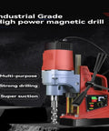 Heavy Duty Electric Mag Drill For Steel Structure With Powerful Magnetic Base Secure Drilling Machine For Industrial Engineering And Home Improvement Projects High Precision Ax13 Core Bit Holder Easy Setup, angled view showcasing the drill's strong suction and multi-purpose design.