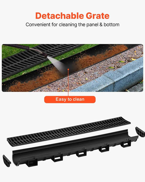 Six 39 Inch Trench Drain Channel System With Plastic Grate For Driveways And Gardens, HDPE Black Water Channel detachable grate
