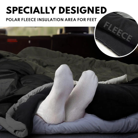 Close-up of feet in XXL Winter Sleeping Bag For Adults And Kids, 4 Season Cold Weather Camping Gear With Compression Sack, fleece interior