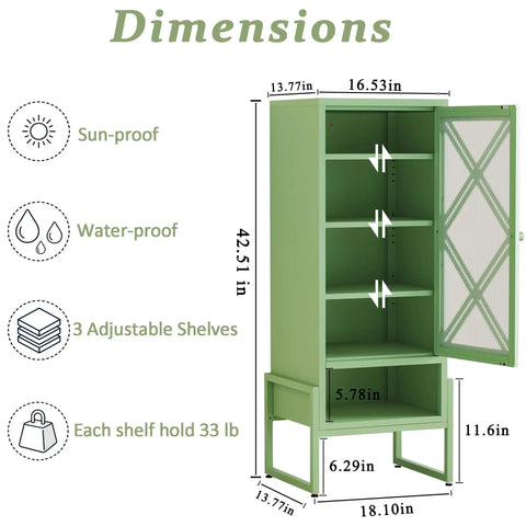 Heavy Duty Outdoor Storage Cabinet In Sage Green With Waterproof Rust Resistant Steel Construction, Patio Cabinet Features Dimensions