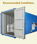 Installation of Off Grid Vent Fan For Shipping Containers And Cabins With 15W Panel, dual fans on open blue shipping container