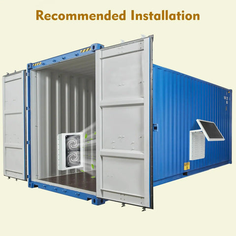 Installation of Off Grid Vent Fan For Shipping Containers And Cabins With 15W Panel, dual fans on open blue shipping container