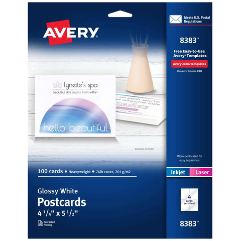 Front view of Avery Printable Postcards pack, 100 glossy white blank cards, 4.25 x 5.5 in for inkjet and laser printers