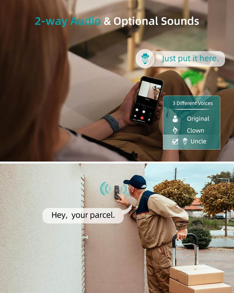 Wireless Battery Powered 2K Video Doorbell With Chime And No Subscriptions showing 2-way audio feature with delivery person interaction