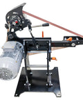 Top Tier 71 By 2 Inch Belt Grinder With Three Quick Swap Grinding Wheels For Knife Making Sharpening And Polishing Featuring Hassle Free Variable Speed Controls And 220V Garage Power, showing motor and sanding belt setup.