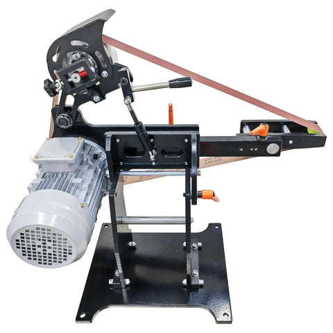 Top Tier 71 By 2 Inch Belt Grinder With Three Quick Swap Grinding Wheels For Knife Making Sharpening And Polishing Featuring Hassle Free Variable Speed Controls And 220V Garage Power, showing motor and sanding belt setup.