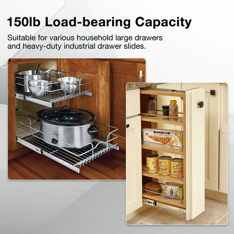 Heavy Duty Full Extension Drawer Slides Ball Bearing Side Mount Rails Built Tough For Heavy Loads And Smooth Pulls installed in cabinet with pots and pantry items.