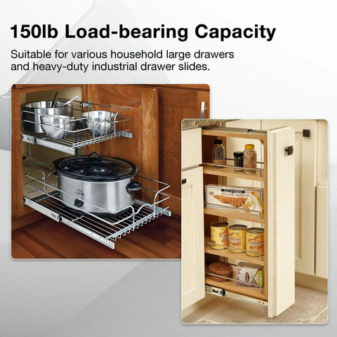 Installed heavy duty full extension drawer slides 12 to 40 inch side mount rails with kitchenware and canned goods