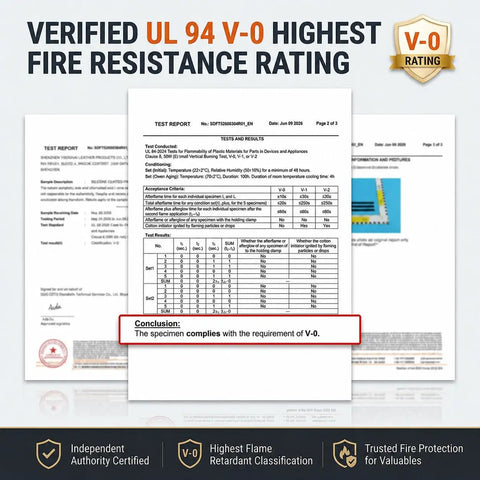 UL 94 V-0 fire resistance certification for Stealth Nesting Fireproof Cash Bag Two Pack With Large And Small Inner Pouches.