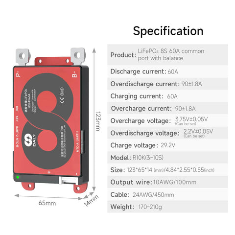 Smart Lithium Iron Phosphate BMS Board With Bluetooth Monitoring And Parallel Sync For Heavy Duty Rig LiFePO4 Battery Packs Up To 72V 500 Amp Waterproof Safety Shield Kit side view with specifications.