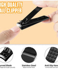 Close-up of a nail being trimmed with a high-quality stainless steel nail clipper from the 9 Piece Stainless Steel Eyebrow Tweezers Kit With Leather Travel Case, Pro Grade Grooming Set Including Curved Eyebrow Scissors, Eyebrow Razor, Nail Clipp... trimming a nail.