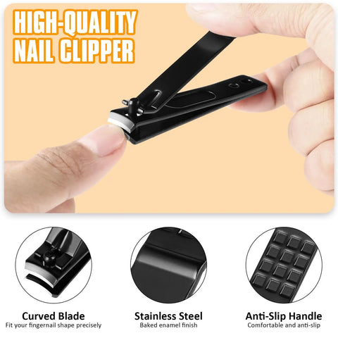Close-up of a nail being trimmed with a high-quality stainless steel nail clipper from the 9 Piece Stainless Steel Eyebrow Tweezers Kit With Leather Travel Case, Pro Grade Grooming Set Including Curved Eyebrow Scissors, Eyebrow Razor, Nail Clipp... trimming a nail.