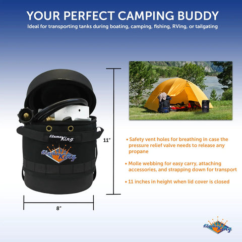 Gas Hauler Kit With Insulated Carry Case, 3 Lb Refillable Propane Tank And Adapter Hose, displayed with tent setup