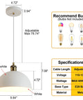 Dome Pendant Light In Rustic White Finish With Farmhouse Industrial Chandeliers Vibe, 9.84 Inch Diameter, Adjustable 78 Inch Cable