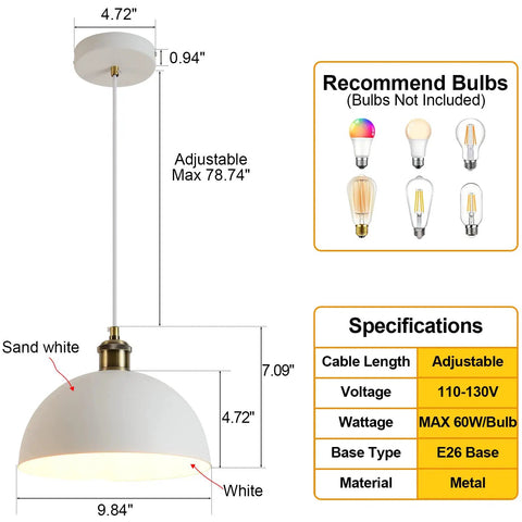 Dome Pendant Light In Rustic White Finish With Farmhouse Industrial Chandeliers Vibe, 9.84 Inch Diameter, Adjustable 78 Inch Cable