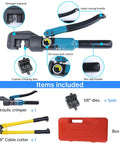 Hydraulic Hand Crimper For Stainless Steel Cable Railing Fittings One Eighth Inch Cable Swaging Tool With 45KN Crimp Force CR09 And One Eighth Inch SS Cable Cutter CR03 CK12, includes crimper, dies, cutter, and case.