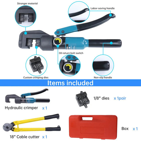 Hydraulic Hand Crimper For Stainless Steel Cable Railing Fittings One Eighth Inch Cable Swaging Tool With 45KN Crimp Force CR09 And One Eighth Inch SS Cable Cutter CR03 CK12, includes crimper, dies, cutter, and case.