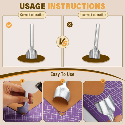 Usage instructions for 7 Piece Leather Corner Punch Set With Half Depth Round Cutters From 0.39 To 1.57 Inches