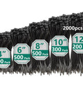 Ultra Tough 2000 Pack Zip Ties Assorted Sizes 4 6 8 10 12 Inch Self Locking Nylon Cable Ties Outdoor UV Resistant Weatherproof
