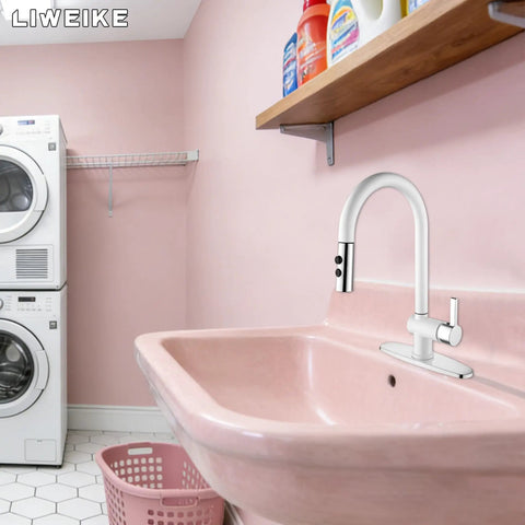 LIWEIKE Utility Sink Faucet White Laundry Sink Faucet with Pull Down Sprayer for 1 or 3 Holes Suits for laundry room with pink sink