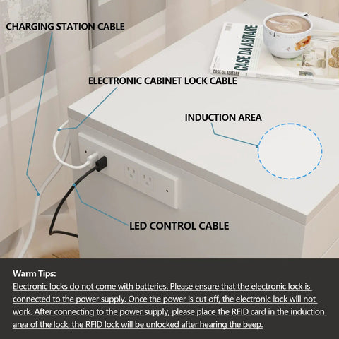 Top view of Ultra Sleek White Nightstand Packs A Rapid Charging Hub And Ambient Led Lighting While Guarding A Legit Hidden Safe For Stashing Cash And Electronics Plus Extra Power Outlets with charging cables.