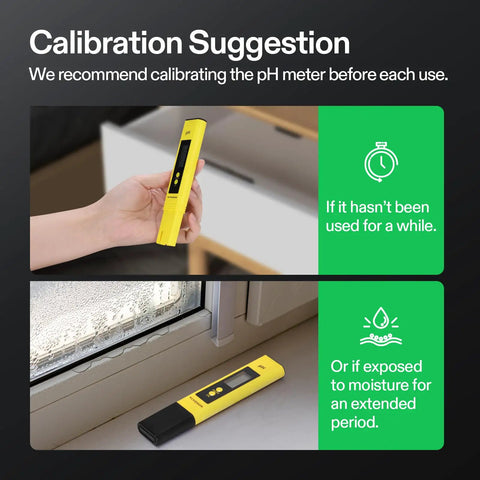Digital pH Meter Pen Type 0.01 pH High Accuracy Tester for Hydroponics shown in two calibration settings.