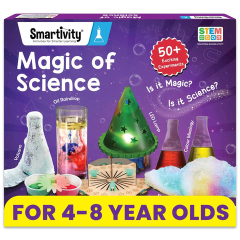 Magic Science Kit For Kids Ages 4 To 8 With 50 Plus Experiments box showing volcano and LED lamp