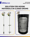 55 Gallon Pneumatic Agitator Bung Mount Tank Drum Mixer With One Eighth HP Air Motor 6 Inch Propeller visible with cut-open drum