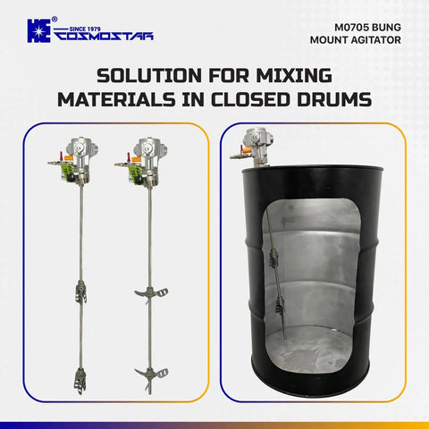 55 Gallon Pneumatic Agitator Bung Mount Tank Drum Mixer With One Eighth HP Air Motor 6 Inch Propeller visible with cut-open drum