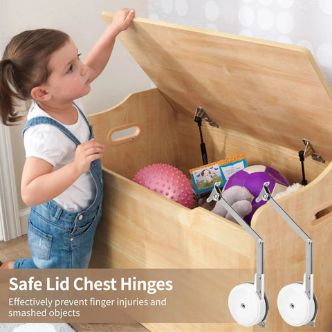 Two Pack Soft Close Toy Box Hinges With Adjustable Lid Dampers for cedar storage trunks shown with a child opening a toy chest