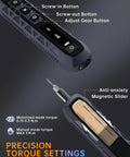 Close-up of buttons and tip of Electric Screwdriver Kit With 181 In 1 Mini Precision Screwdriver Set with torque settings.
