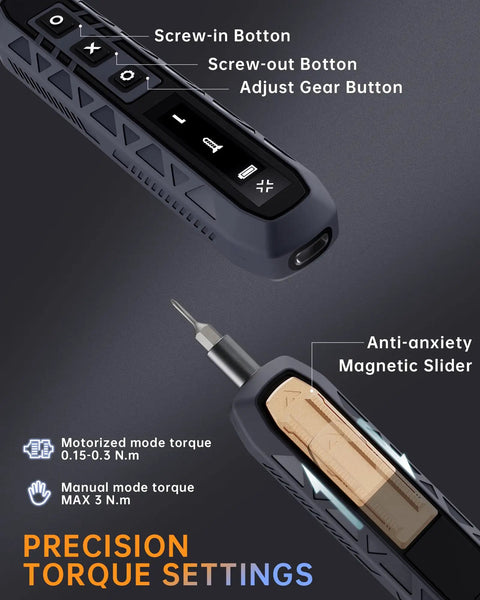 Close-up of buttons and tip of Electric Screwdriver Kit With 181 In 1 Mini Precision Screwdriver Set with torque settings.