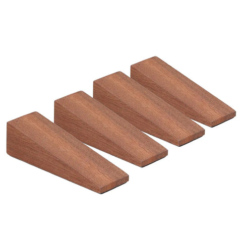 Set of four beech wood triangular door stops with sloped non-slip cap for high traffic areas, preventing door slamming and floor scratches.