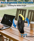 20800mAh Battery Powered 8 Inch Portable Fan With USB C Fast Recharge on outdoor table next to laptop and coffee cup